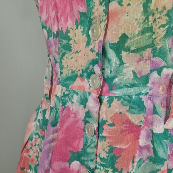 Vintage Midi Dress Fit Flare Floral 80s 90s Housewife Retro Pink Green Button 10 - Picture 6 of 16